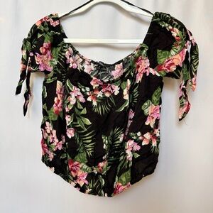 NWT Ambiance Black Floral Off-Shoulder Tie-Sleeve Crop Top, Medium
